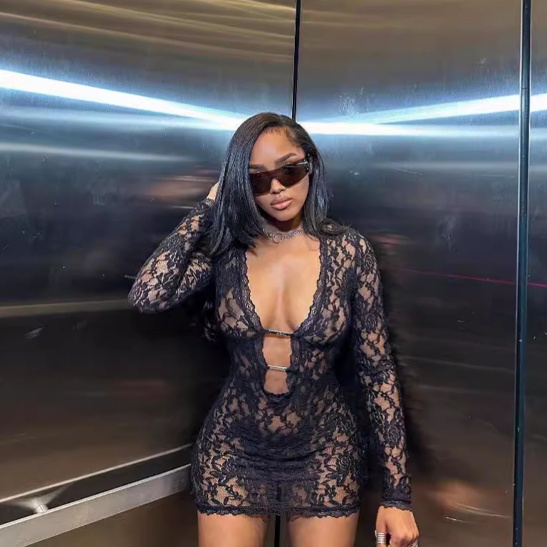 Solid Color Lace Bodysuit Women's Low-Neck Hollow Long-Sleeve Dress European and American Style Slim Fit Summer Cross-Border Sexy Lace