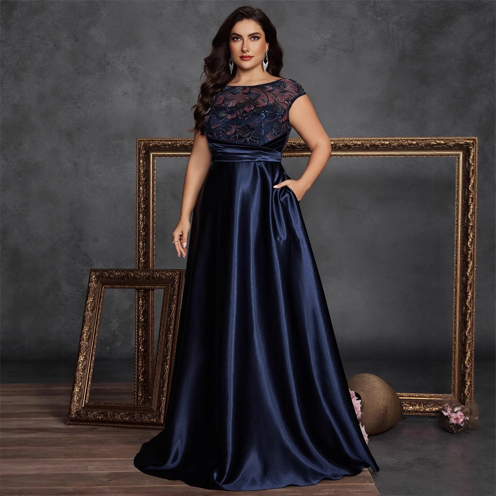 European and American Plus Size Elegant Sequin Splicing Round Neck Sleeveless Embroidered Large A-Hem Fashionable Formal Dinner Ball Dress