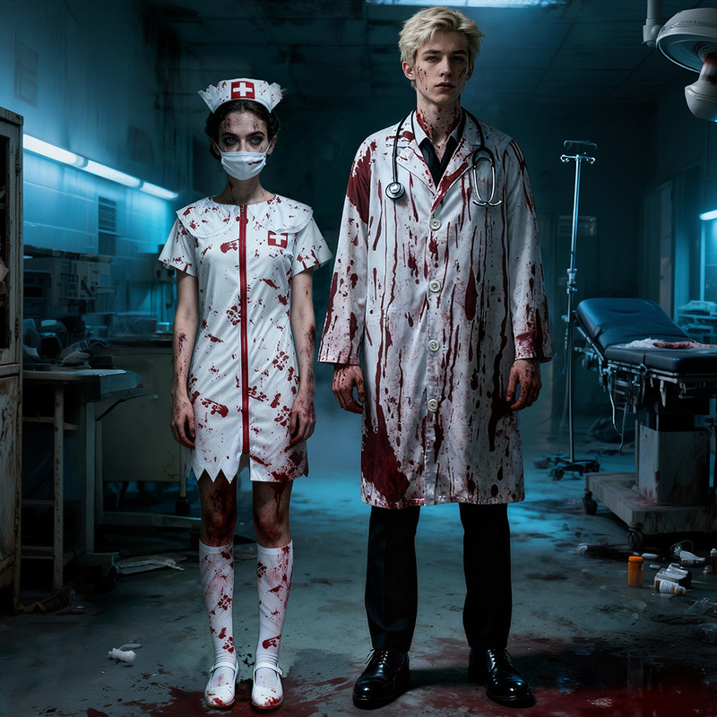 Halloween Masquerade Party Costumes for Couples, Scary Male Doctor Cos Costumes, Scary Bloody Female Nurse Costumes, Zombies Halloween Masquerade Party Costumes for Couples, Scary Male Doctor Cos Costumes, Scary Bloody Female Nurse Costumes, Zombies