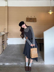 法式复古不规则格子吊带连衣裙长袖T恤女2025秋季新款时尚套装ins