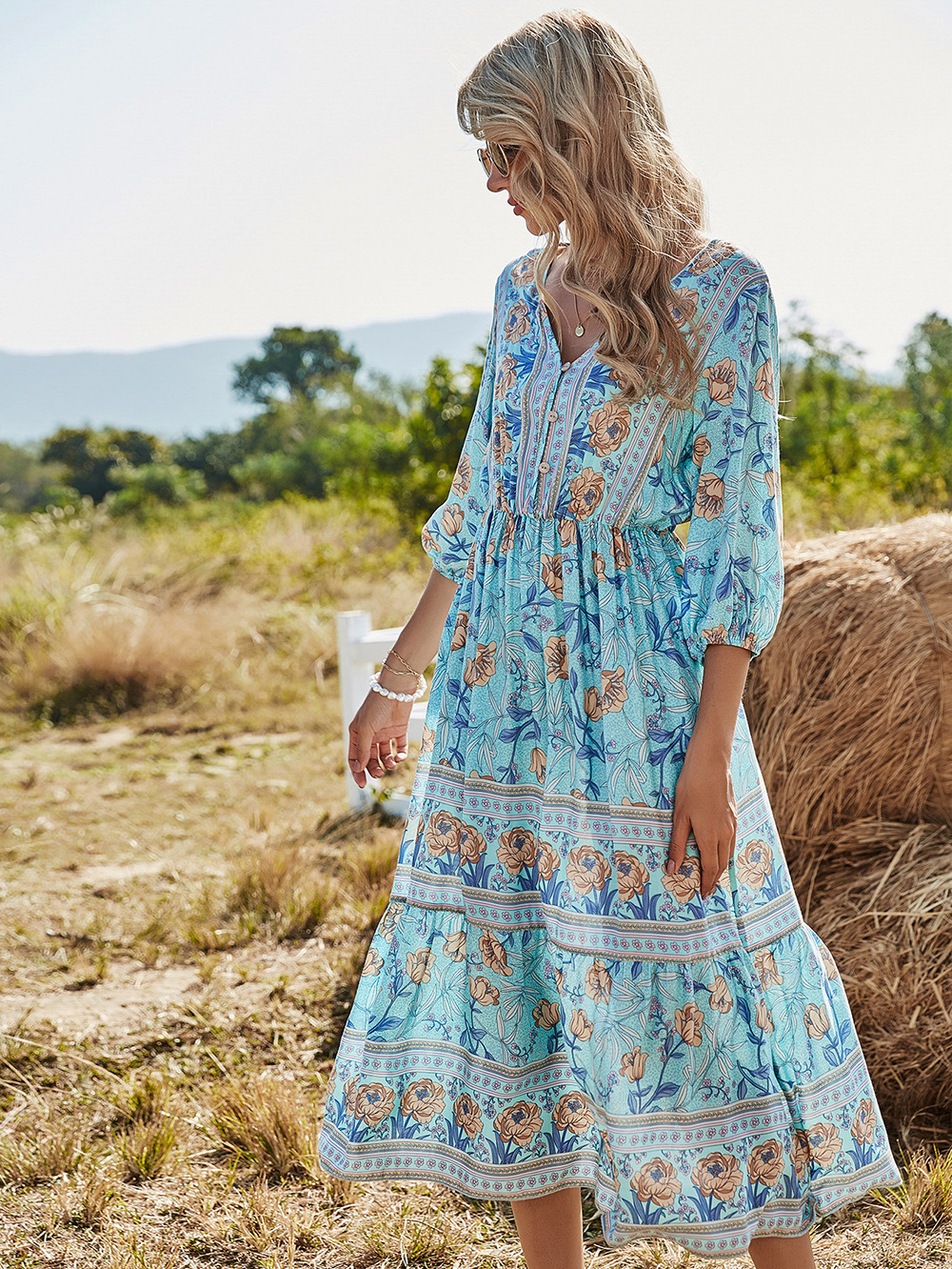 V-neck High Waist Bohemian Dress NSDF23858