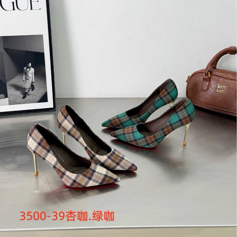 2025 Spring/Summer Super New Versatile Stiletto Heel Mature Pointed Toe Shallow Slip-On Plaid Women's Shoes