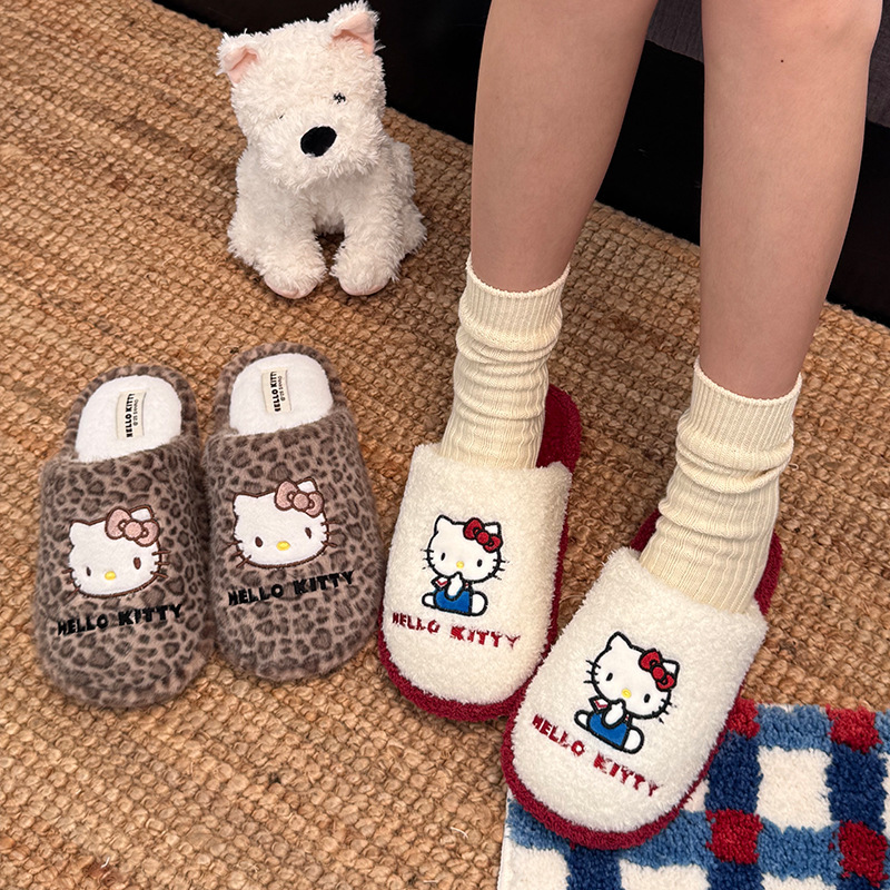 Authentic Kitty Cotton Slippers for Women Winter Indoor Household Non-Slip Warm Fleece-Lined Cartoon Sanrio Furry Slippers Authentic Kitty Cotton Slippers for Women Winter Indoor Household Non-Slip Warm Fleece-Lined Cartoon Sanrio Furry Slippers