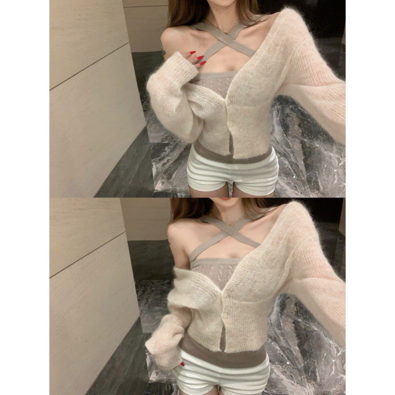 実拍実価格高エネルギー小美麻花ストラップニットカーディガン2点セット|undefined