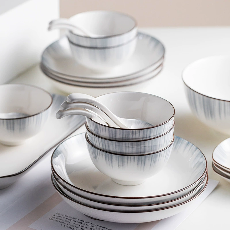 Ceramic Tableware Set — Rectangular Fish Plate + Round Plates & Soup Spoons, Elegant Rim