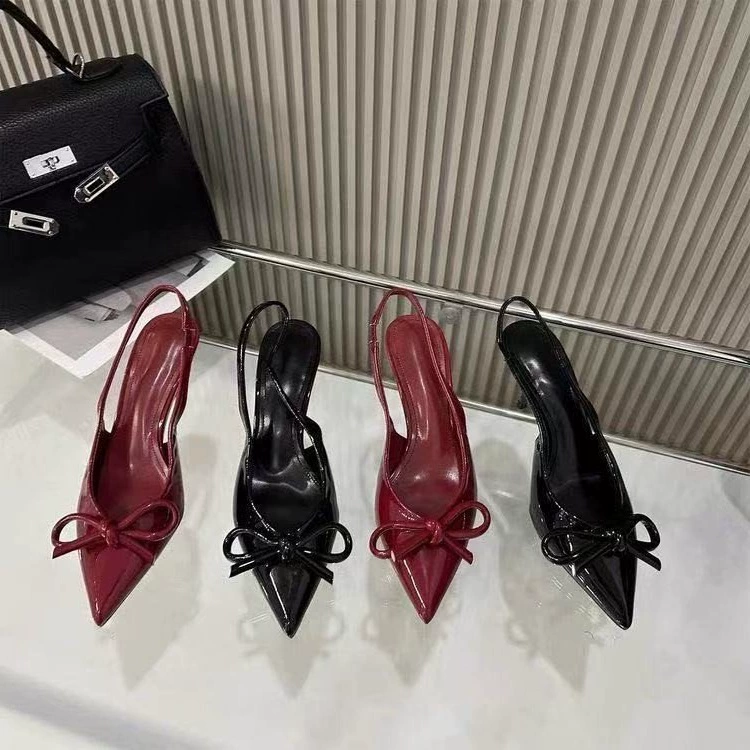 Красные лакированные туфли на высоком каблуке с острыми наконечками для весны 2025 новый бант на высоком каблуке