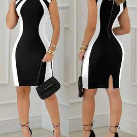 2023夏季新款欧美风外贸女装圆领印花无袖撞色拉链性感修身包臀裙