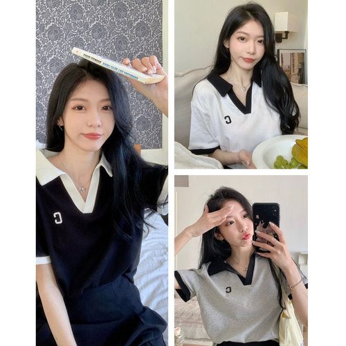 Plus-size women's polo shirt with a square neckline, short-sleeved T-shirt, 2025 summer, for slightly plus-size women, hides the abdomen and makes you look slimmer, V-neck top