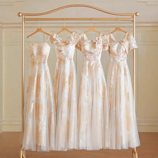 Champagne Bridesmaid Dress Women's 2025 New Spring and Autumn French Evening Dress Dress Fairy Sisters High-class Niche Long Dress