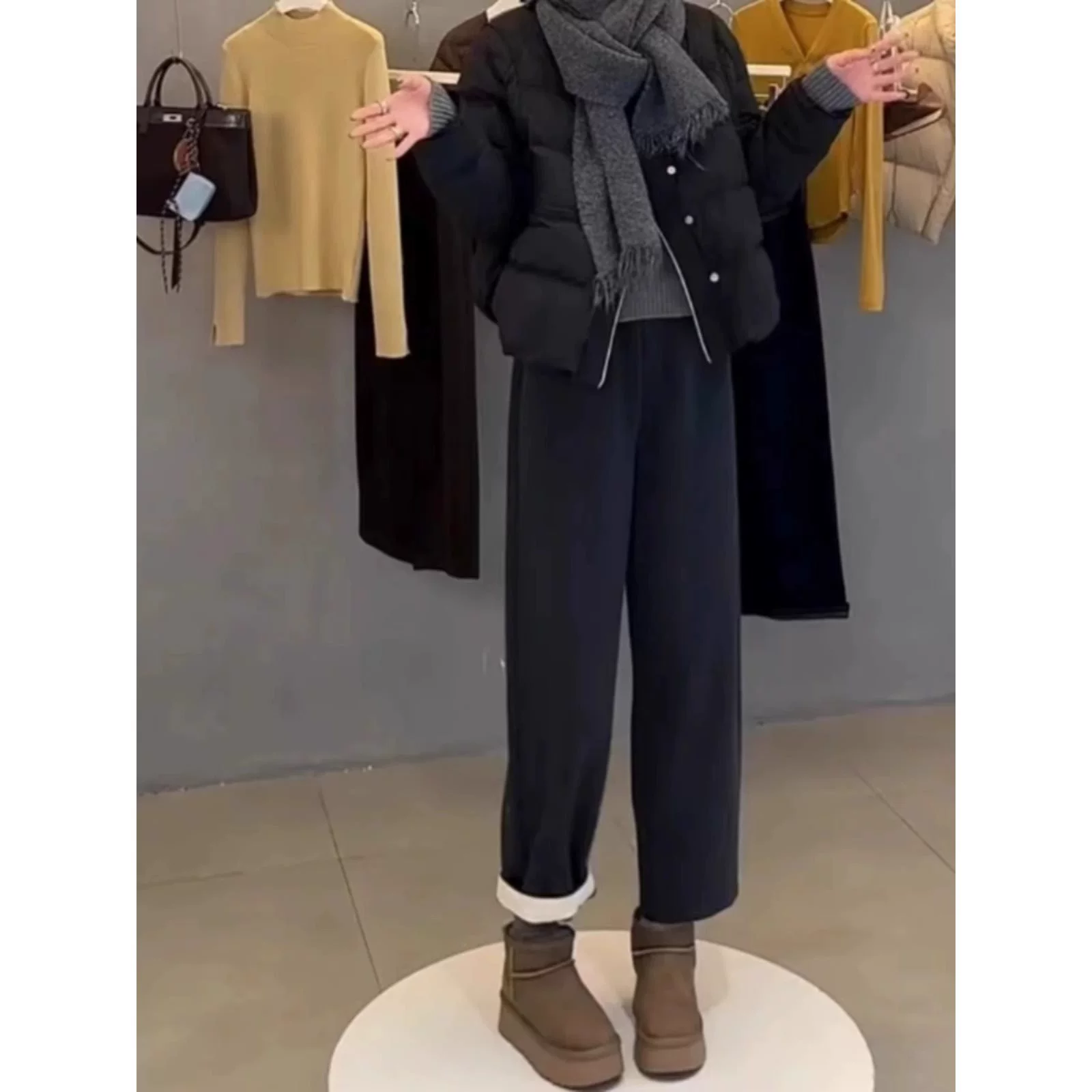 Темно-серые шерстяные широкие брюки для женщин, осень и зима, большие размеры, с высокой талией, утягивающие, миниатюрные, на флисовой подкладке, утолщенные, повседневные брюки прямого кроя.