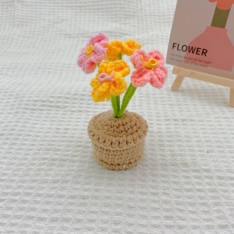 diy手工编织迷你盆栽花玫瑰花钩针自制郁金香办公室摆件毛线成品|undefined