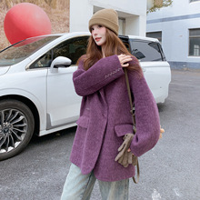 法式高级感紫色西装毛呢外套女秋季新款宽松中长款超看好呢子大衣