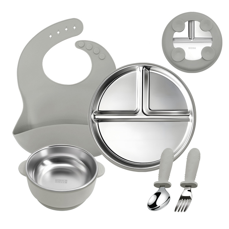 Bandeja de comedor de acero inoxidable 304 para niños Juego de cinco piezas Ventosa inferior Tipo de rejilla dividida Vajilla para niños Placa de rejilla cuantitativa para estudiantes
