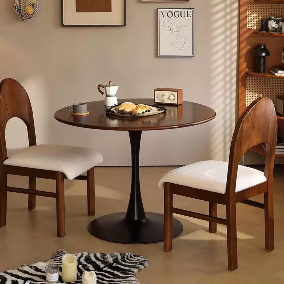 Nordic Retro Walnut Round Solid Wood Round Table Dining Table for Home Small Apartment Tulip Coffee Balcony Medieval Negotiation