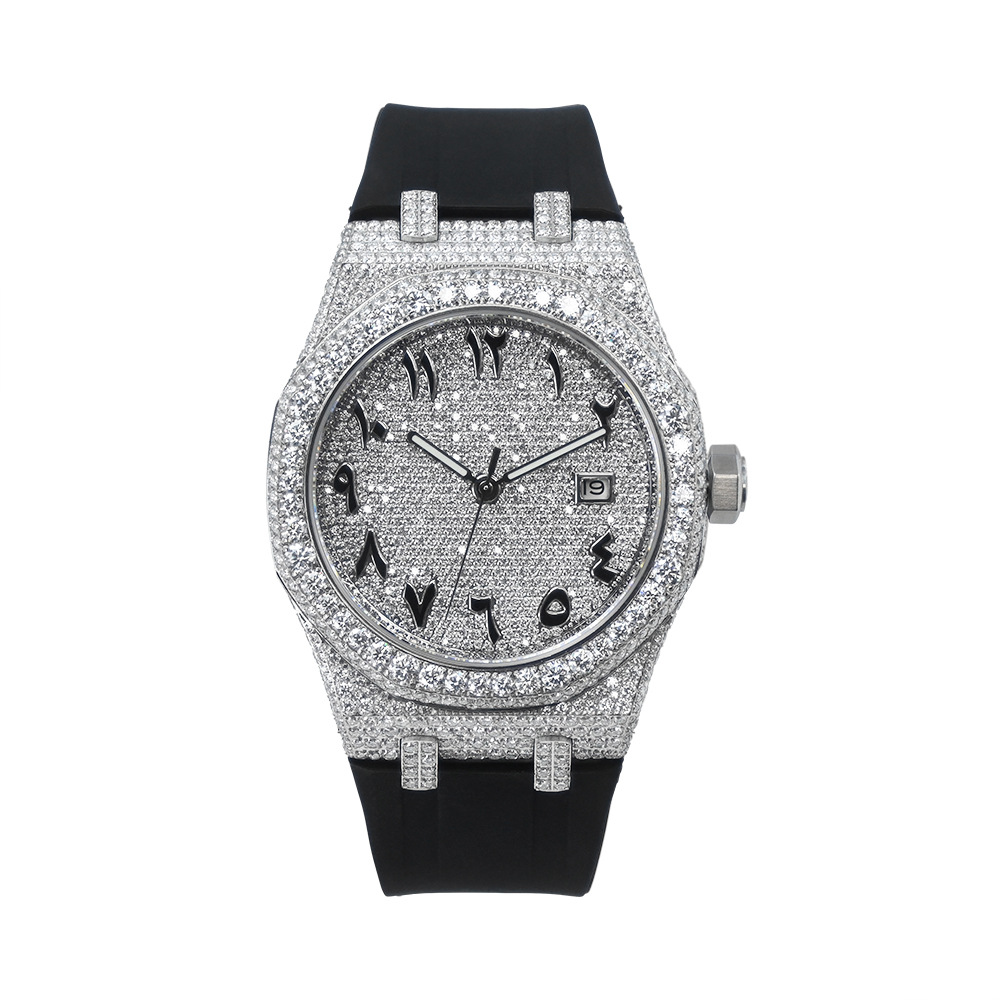 Moissanite Fully Automatic European and American Men's Mechanical Watch with Steel Band and Full Diamond Decoration, Popular Export Model, Simple and Trendy Decorative Wristwatch