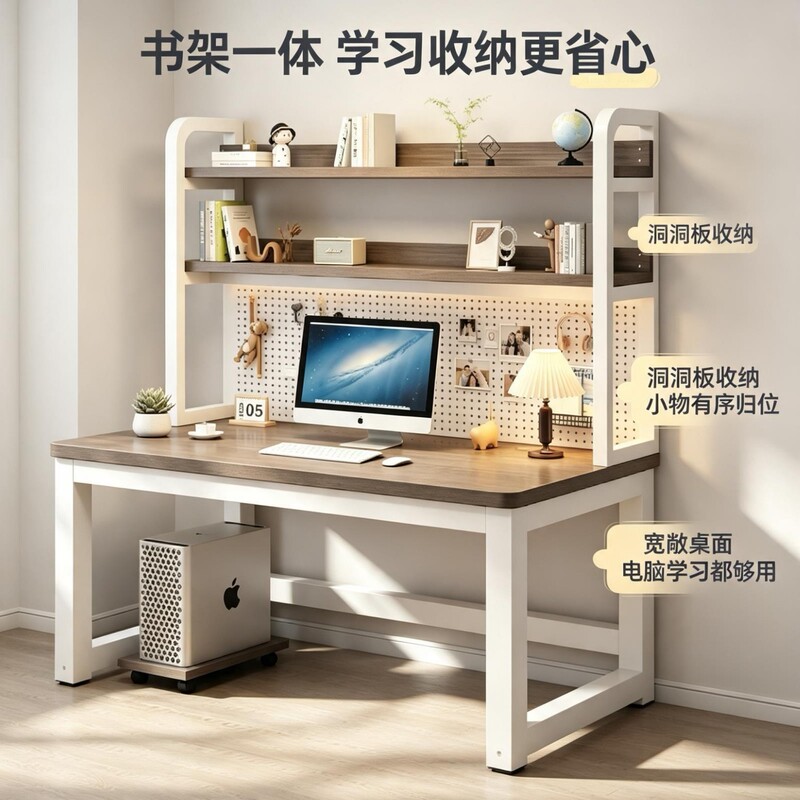 Desk with bookshelf and perforated board integrated, student study double desk, affordable ordinary bookshelf desk for home use Desk with bookshelf and perforated board integrated, student study double desk, affordable ordinary bookshelf desk for home use