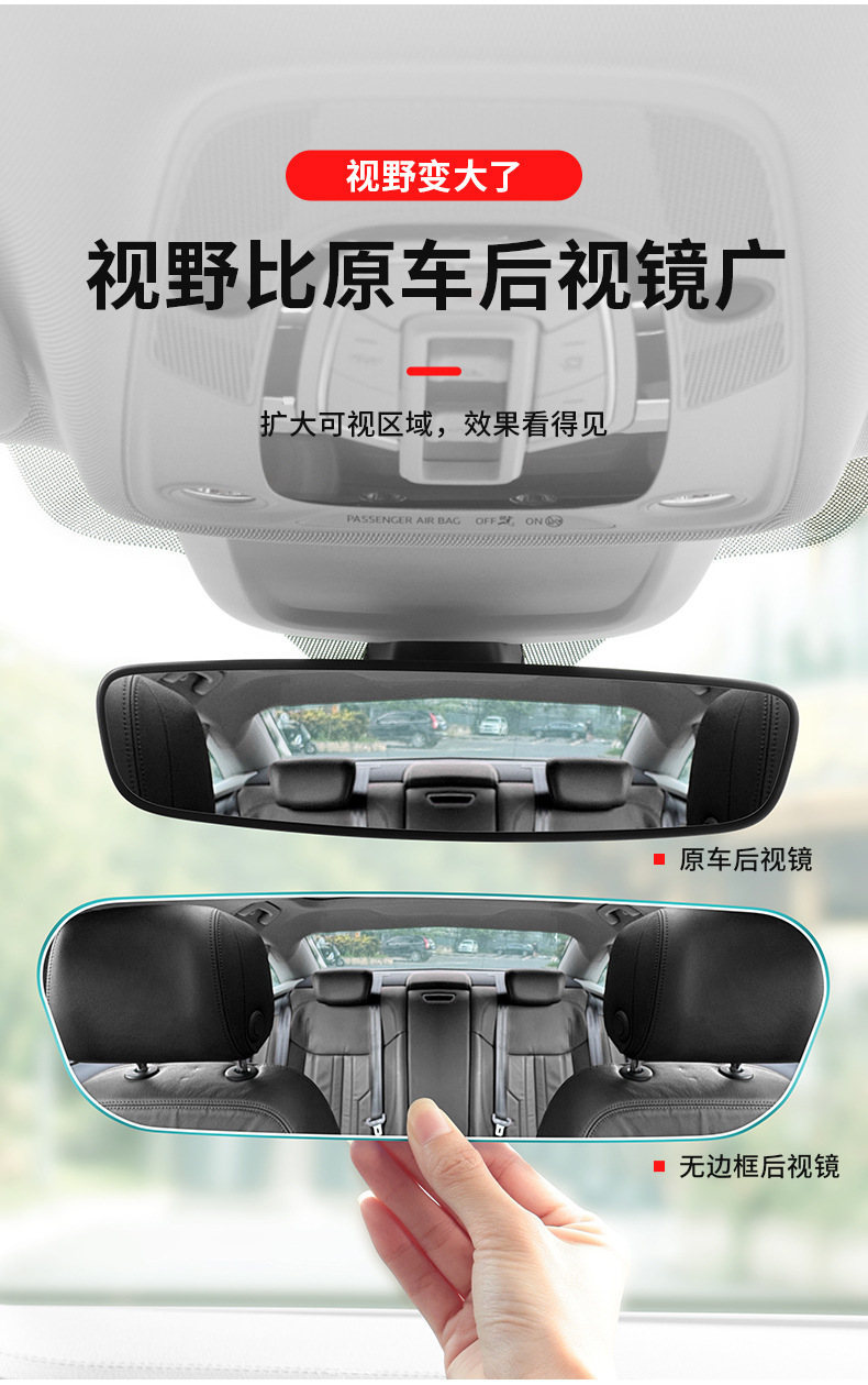 Car Interior Rearview Mirror with Wide Field of View, Anti-Glare, Auxiliary Mirror for Reversing, Strap-On Type, Modified Wide-Angle Curved Mirror