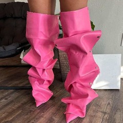 2024 European and American foreign trade women's shoes new high-heeled pointed toe metal rivets denim splicing two-wear knee-high boots