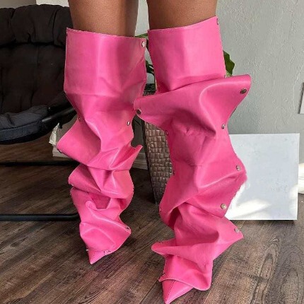 2025 Export New High-Heeled Pointed-Toe Metal Rivets Denim Splicing Two-Wear Pile Knee-High Boots Large Size Women's Shoes