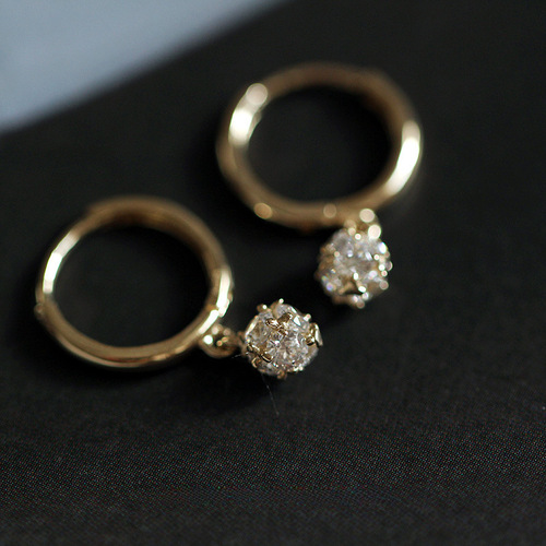 Shining ball S925 silver plated 14K gold earrings zircon temperament simple small earrings sterling white fungus buckle ear bone ring