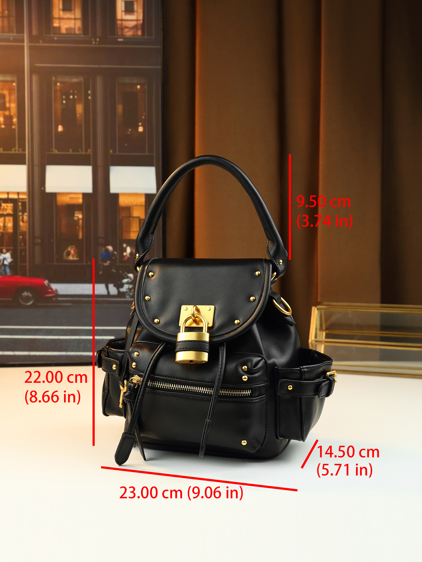 Borsa a mano retrò con lucchetto borchiato, media, multifunzionale, da donna, a tracolla, zaino da pendolare, in pelle PU con cerniera_voghion.com
