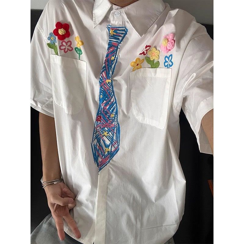 Crayon Graffiti Tie Short-Sleeved Shirt Men's Summer American Retro Niche Embroidered Shirt High-End Top