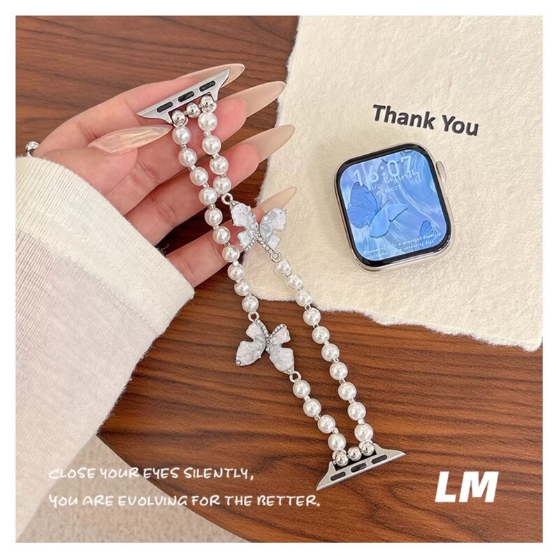 Double-Row Pearl Bowknot iWatch Strap Suitable for Apple Watch S10S9 Metal Chain Elastic Style with a High-End Feel