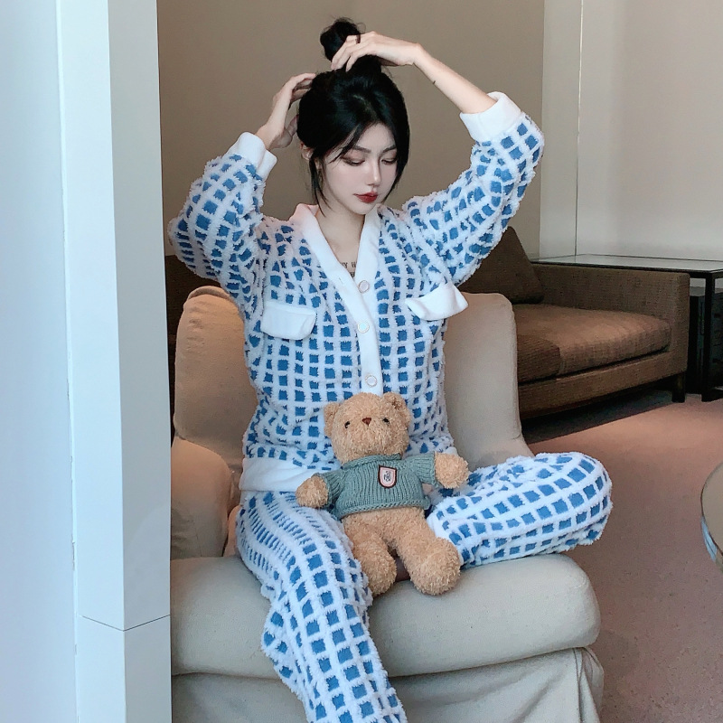 De alta calidad de tela escocesa de lana en línea popular de otoño e invierno de las mujeres de la Honda chaqueta de manga larga de tres piezas pijamas traje de desgaste para el hogar