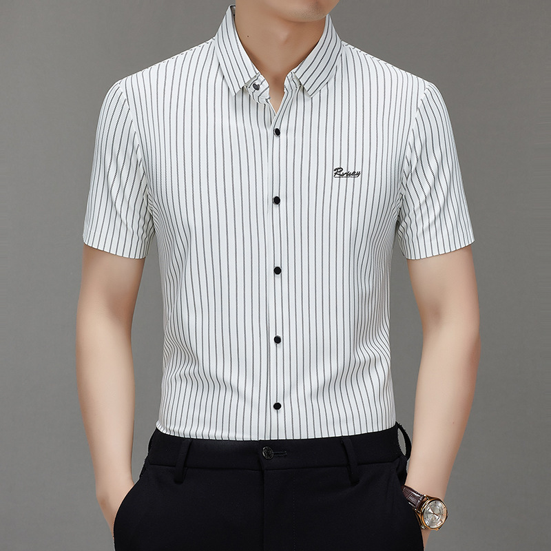 Dropshipping Popular Summer Fashion New Men's Business Casual Shirt with Vertical Stripe Pattern, Seamless Half-Sleeve Shirt