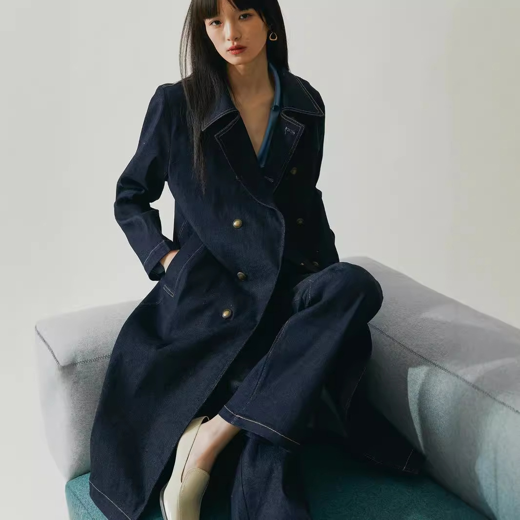 Ironing-Free Heavy Primary Color Denim Retro Overwire Design Double-breasted Denim Coat Autumn and Winter