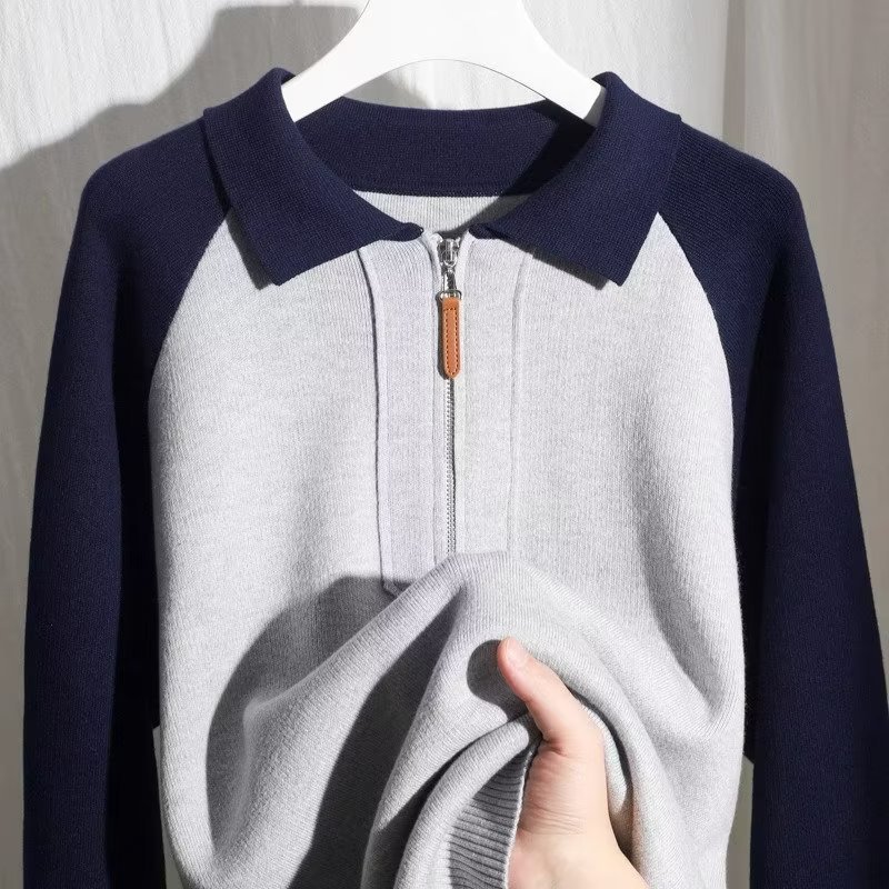 2024 color de contraste medio cremallera polo collar coreano pullover ropa de hombre otoño invierno nuevo abrigo superior