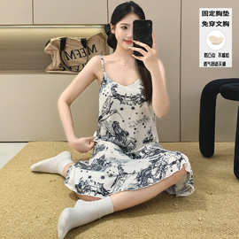 新款夏天四面弹仿棉吊带睡裙睡衣女背心带固定胸垫中长款连衣裙女