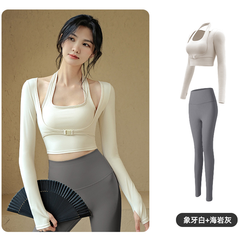 Spring Quick-Drying Suit Running Fitness Sports Sling with Fixed Chest Pad Fake Two-Piece Top Long-Sleeved Yoga Wear