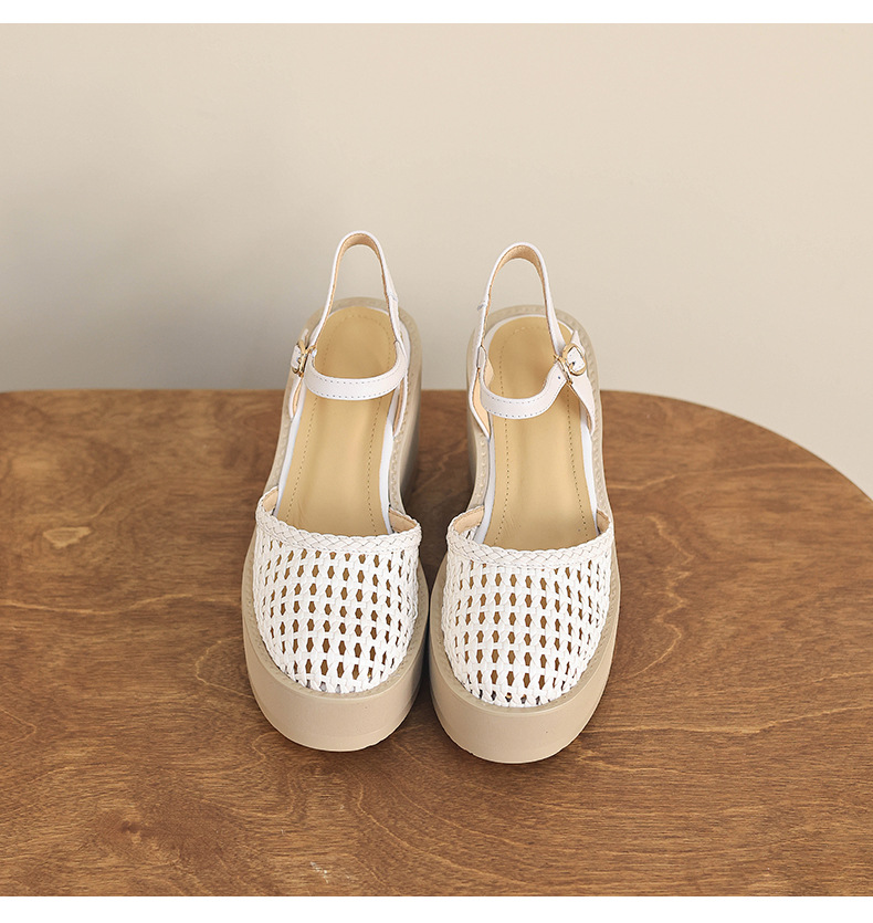 Sandal nữ da thật bít mũi đế xuồng cao gót 9 cm phong cách La Mã đan lưới — màu đen, màu trắng ngà chi tiết 16