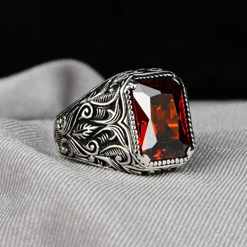 He Cheng silver new ring personality fashion European and American creative inlaid square red zircon men's date ring