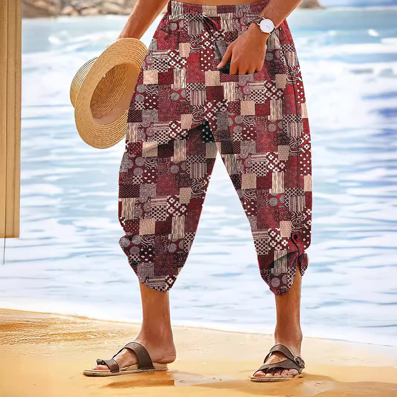 Men Shorts Linen Print Shorts Summer Shorts Beach Shorts Capri Pants Drawstring Elastic Waist Front Pocket