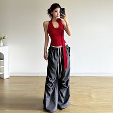 跨境欧美风2024亚马逊夏季新款女装纯色挂脖背心高腰宽松长裤套装