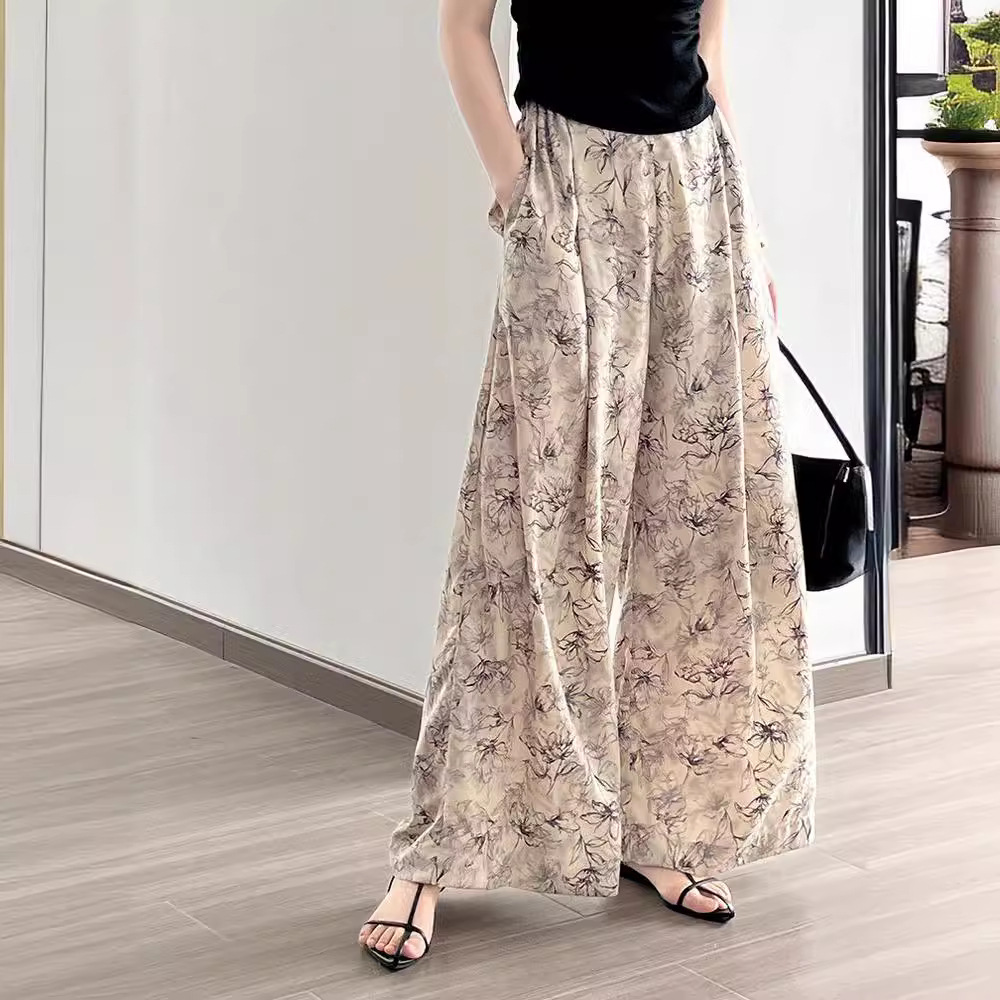 잉크 여성을위한 넓은 다리 바지 인쇄 2024 여름 여성을위한 새로운 높은 허리 슬리밍 얇은 차가운 캐주얼 바지