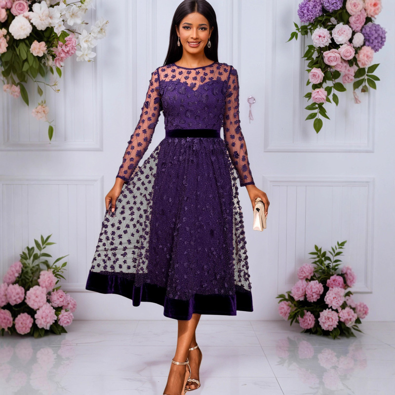 Round Neck Mesh Design Stereo Plum Blossom Long-Sleeved Dress Velvet Waist A-Hem Banquet Mid-Length Dress