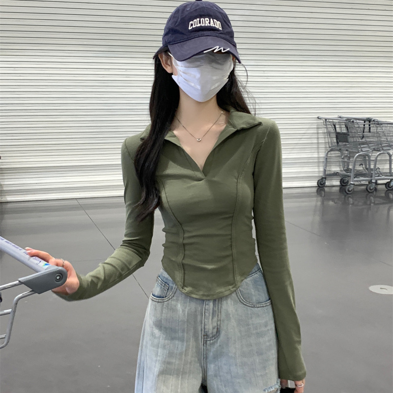 Irregular polo collar shoulder short top women's spring and autumn bm American hot girl long sleeve bottoming shirt fish bone T-shirt wholesale