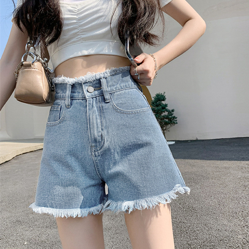 Upper and Lower frayed Denim shorts women's Korean-style slimming wide-leg A- line ins trendy niche summer high waist hot pants for women Upper and Lower frayed Denim shorts women's Korean-style slimming wide-leg A- line ins trendy niche summer high waist hot pants for women