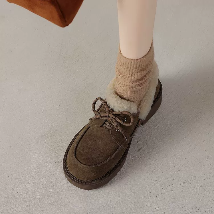 Женская повседневная обувь с толстым каблуком шерсть ягненка толстая и теплая 2024 новый зимний день матовая шнуровка черный бархат