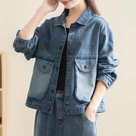 春秋季新款水洗牛仔外套女大码宽松显瘦百搭洋气时尚大口袋夹克潮