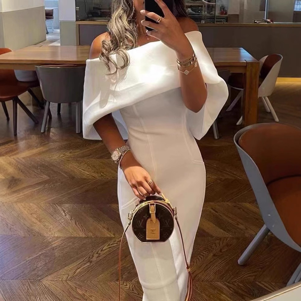 3337 European and American Women's Wear European and American dress Independent Station One-character Neck Turn-over Shoulder Slim Dress Hip Bag dress