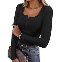 O 63979 U Neck Button Long Sleeve Top ��ɫ�~�۴���� ��
