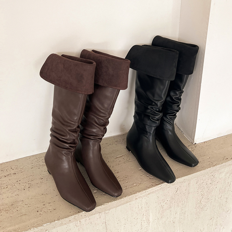Boot nữ cổ cao quá gối da thật mũi vuông gót xuồng tăng chiều cao — màu nâu, màu đen