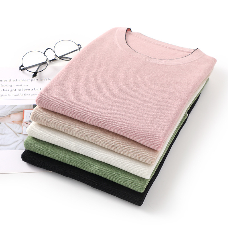 2024 spring new worsted wool four flat solid color loose short sleeve elegant loose thin simple elegant knitted short sleeve