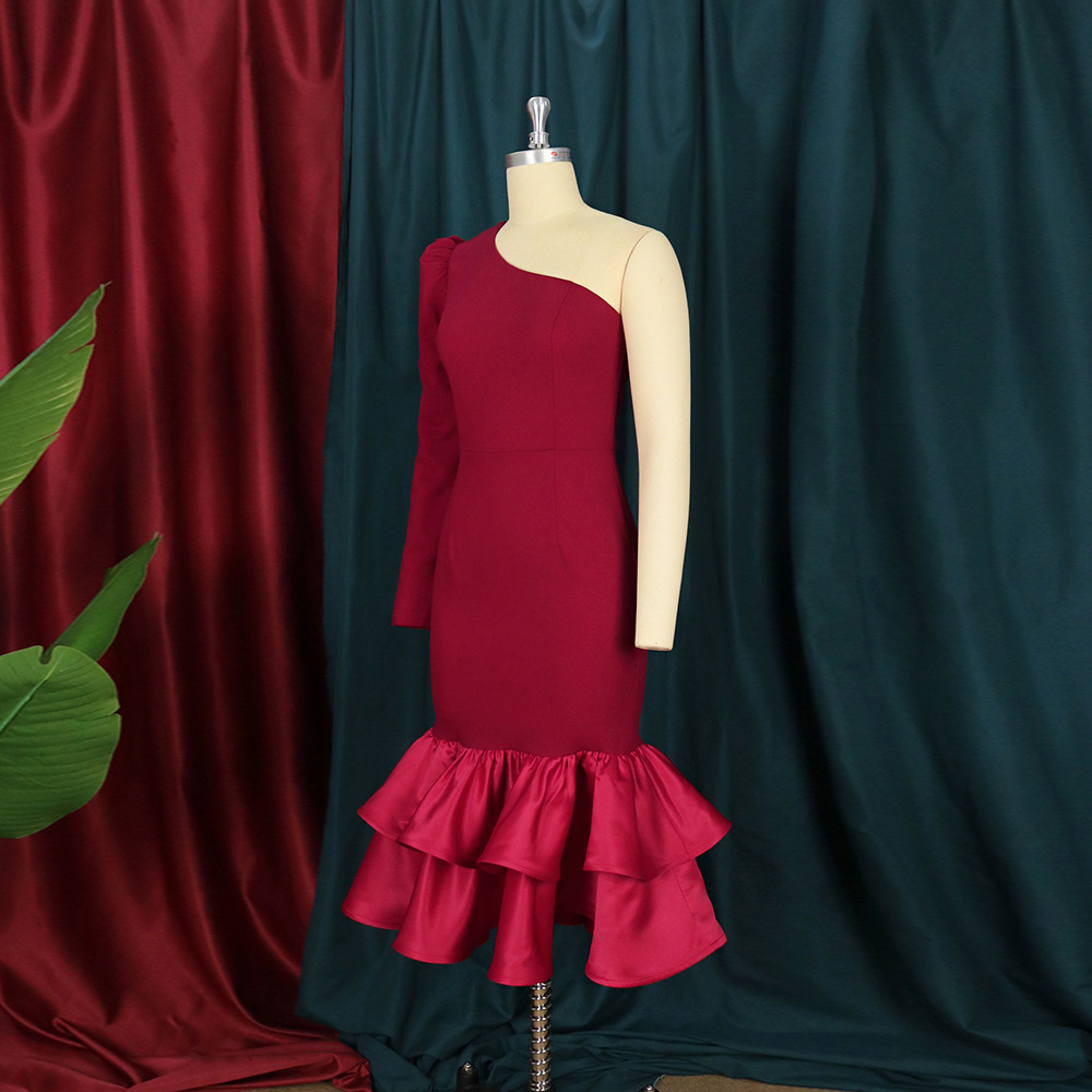 Women's Clothing Plus size women's clothing S 4XL one shoulder sexy dress ruffled one step skirt cocktail party banquet slim light dress_voghion.com