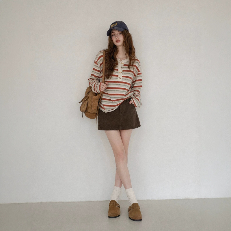 Korean-style color-block striped long-sleeve T-shirt with horn-button detail and Henley collar, women's loose-fit versatile design top for Autumn 2026 Korean-style color-block striped long-sleeve T-shirt with horn-button detail and Henley collar, women's loose-fit versatile design top for Autumn 2026