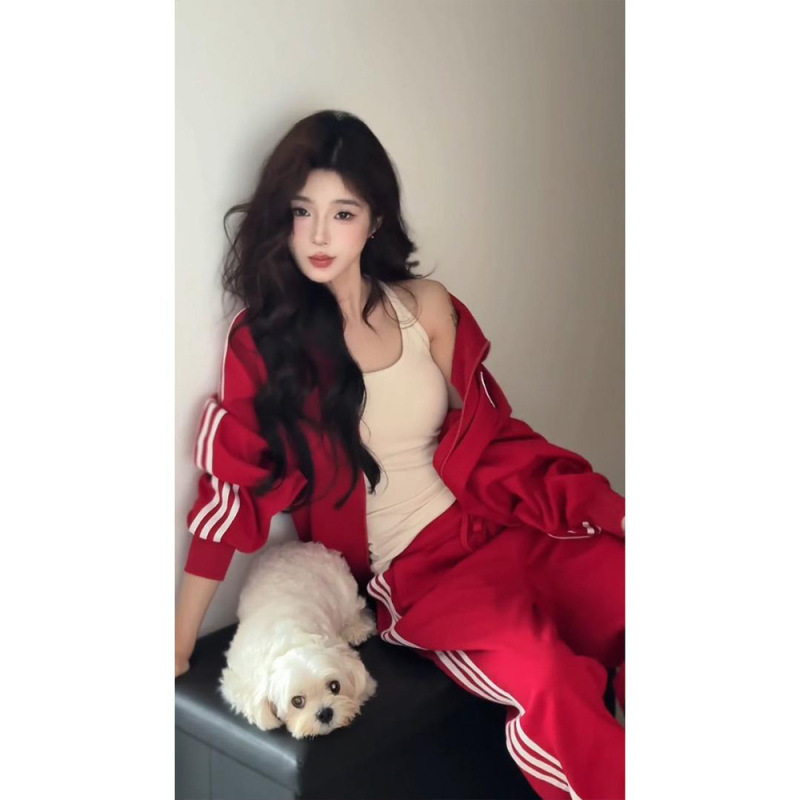 美式休闲运动套装女早秋新款宽松条纹开衫卫衣气质长裤|undefined